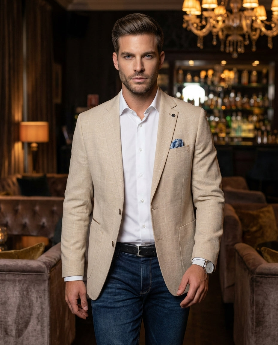 This sophisticated men's ensemble features a tailored beige micro-check blazer with notch lapels, paired with a crisp white button-down shirt. Styling includes a blue patterned pocket square, a white minimalist watch, and dark wash denim jeans for a moder