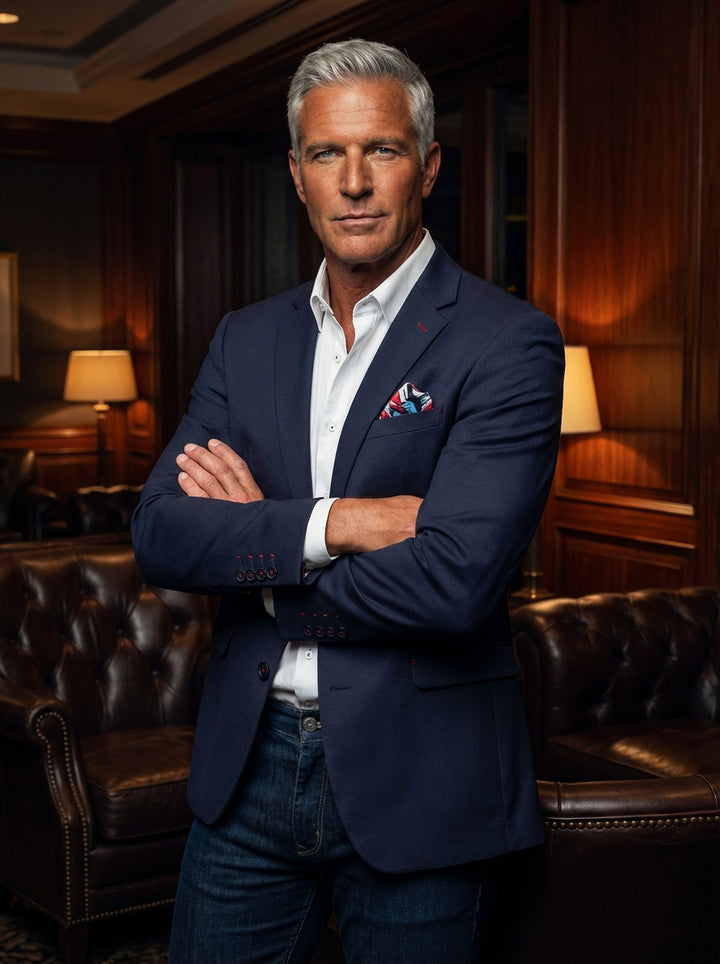 This navy blue blazer offers a sophisticated slim fit with unexpected flair. Featuring a vibrant, colorful graphic lining and contrasting red stitching on the cuffs, it seamlessly blends classic tailoring with modern personality. Perfect for transitioning