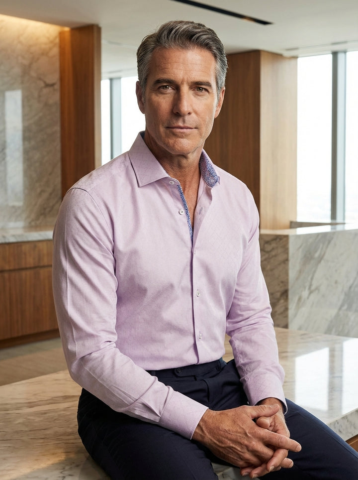 This elegant Masutto button-down shirt features a sophisticated pale lavender hue with a subtle tonal textured pattern. Crafted for style, it includes a contrasting geometric print inside the collar, adding a unique modern detail to a classic formal mensw