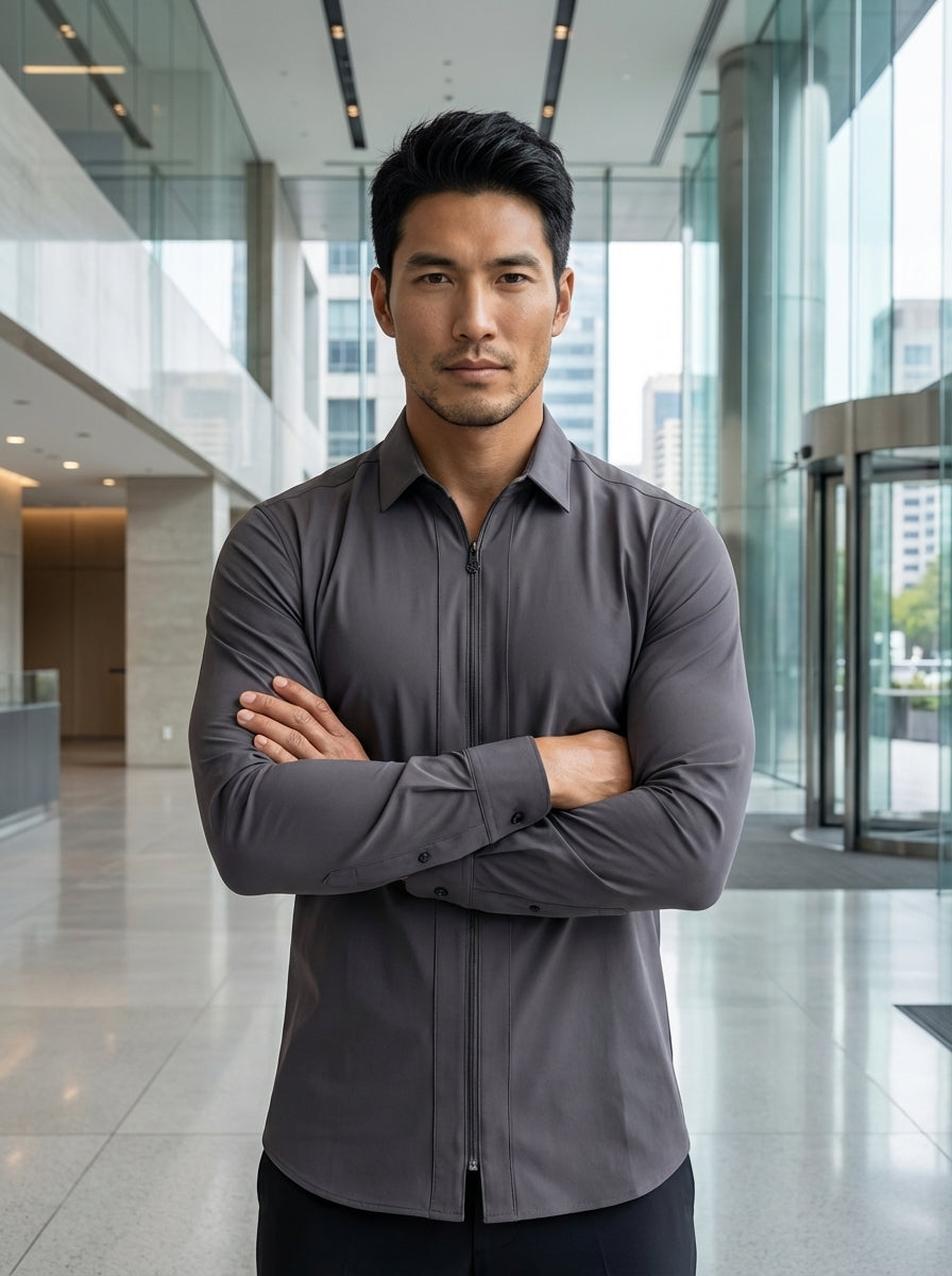 This men's long-sleeve performance shirt in a sleek charcoal grey features a unique full-length front zipper instead of traditional buttons. The technical, stretch-infused fabric provides a modern, tailored fit with a clean-lined aesthetic, finished with 