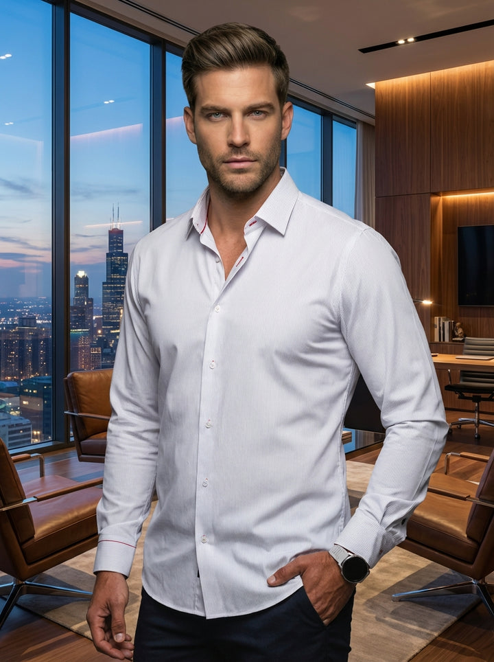 Elevate your professional wardrobe with this premium white pinstripe button-down shirt. Featuring a slim-fit silhouette, a classic pointed collar with red accent stitching, and high-quality cotton fabric, it offers a sophisticated look that transitions se