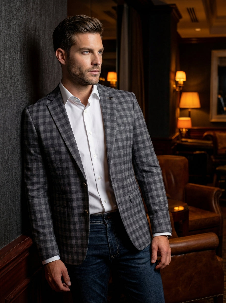 This sophisticated men's blazer features a classic grey and charcoal buffalo check pattern. Designed with a slim-fit silhouette, notched lapels, and premium texture, it pairs effortlessly with a crisp white button-down and dark denim for a refined, modern