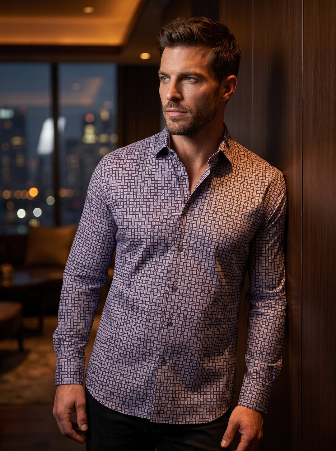 This sophisticated long-sleeve button-down shirt features a complex geometric basketweave print in muted purple and charcoal tones. Crafted with a tailored fit, it includes a classic pointed collar and adjustable cuffs, offering a modern twist on traditio