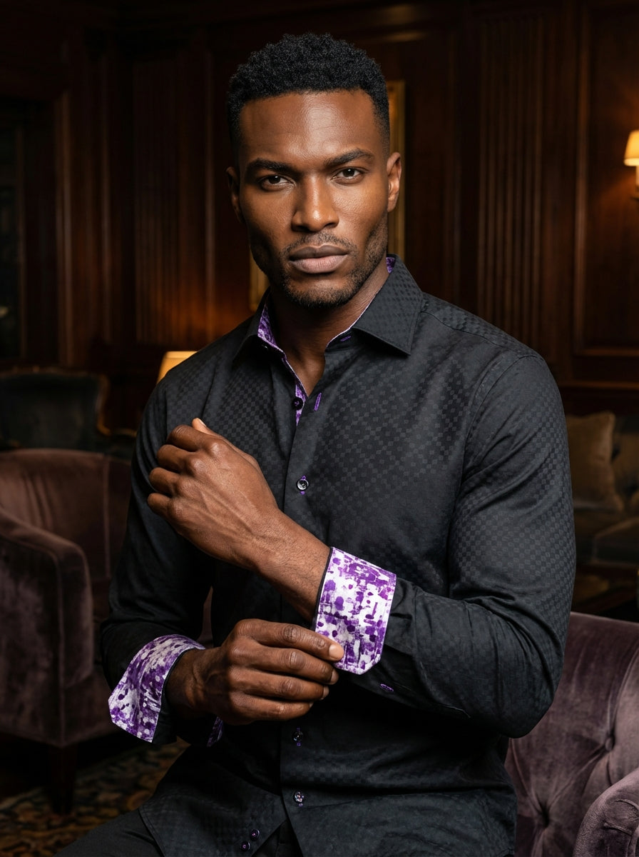 This Masutto men's dress shirt features a sophisticated dark charcoal check weave, punctuated by vibrant purple stitching details. The interior collar and cuffs reveal a bold, artistic abstract splatter print in shades of purple and white for a contempora