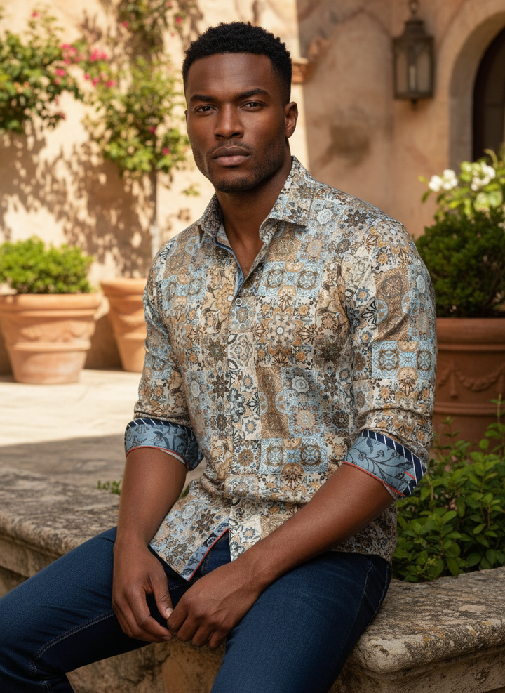 Elevate your wardrobe with this meticulously crafted tailored shirt. Featuring an intricate tapestry-inspired patchwork print in earthy tans and serene blues, it boasts striking contrast inner cuffs and collars for a modern, sophisticated edge.