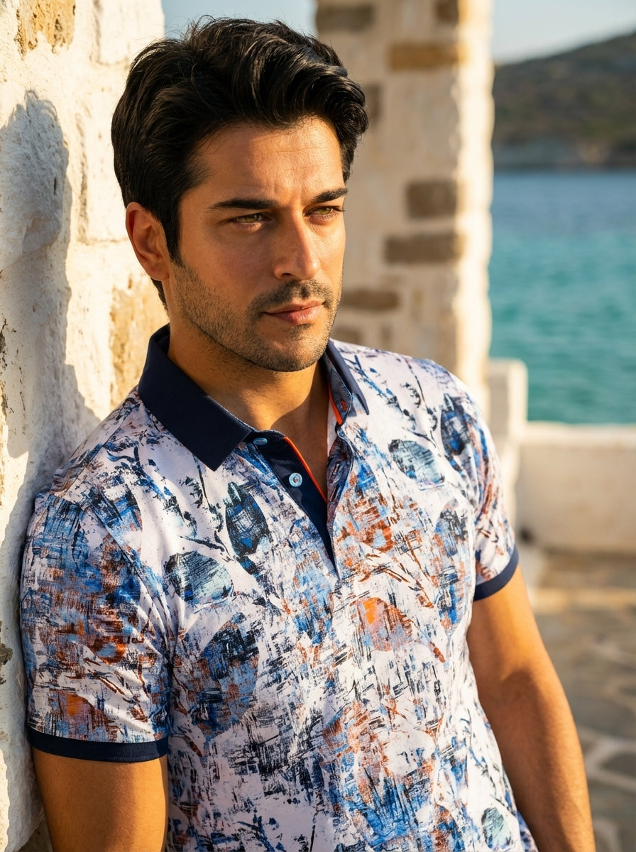This contemporary men's polo shirt features a bold abstract paint-stroke print in shades of blue, orange, and white. It is designed with a contrasting navy blue collar and placket, featuring orange piping detail and distinctive three-button styling for mo