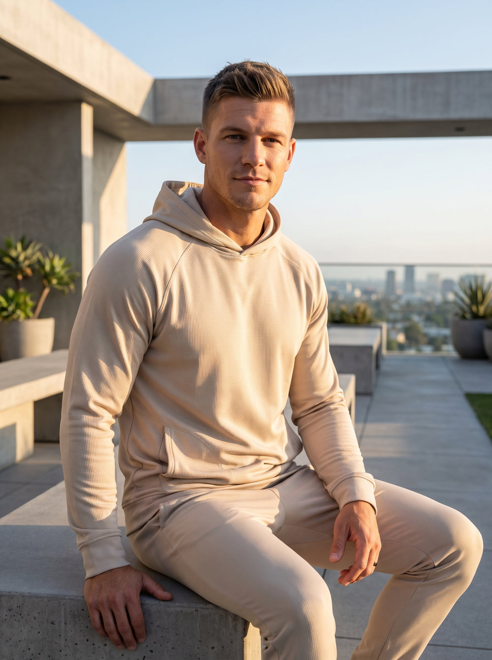 This premium sand-colored performance hoodie features a sleek raglan sleeve design and a subtle textured finish. Crafted with a tailored fit and discreet side-entry pockets, it offers a sophisticated take on classic sportswear for the modern, active man o