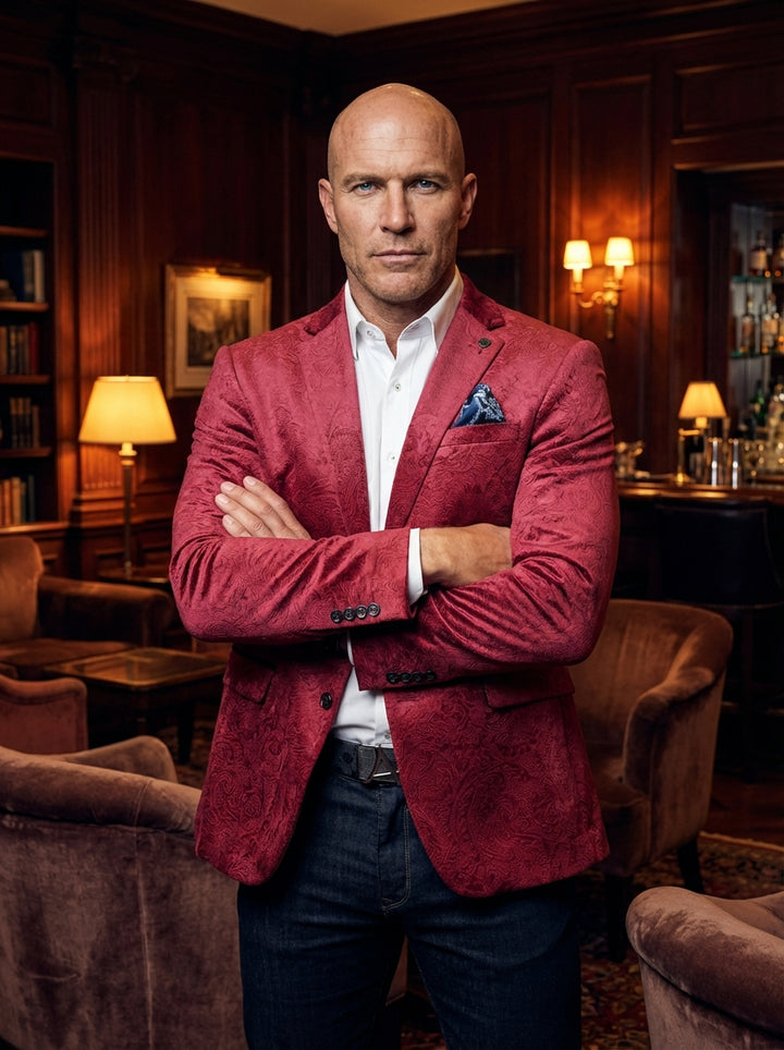 This luxurious men's crimson blazer features a subtle tonal floral damask pattern, providing a sophisticated texture. Tailored for a modern fit, it includes a notched lapel, contrasting pocket square, and pairs perfectly with crisp white shirts for a bold