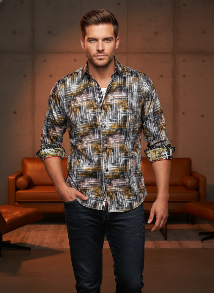 An avant-garde button-down featuring a striking abstract print with distressed textures in gold, charcoal, and white. Expertly tailored for a modern fit with intricate collar detailing, this piece offers a bold statement for any contemporary wardrobe.