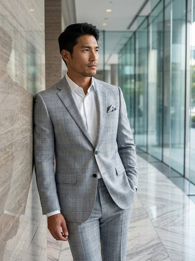 This tailored light grey glen plaid suit offers a modern take on classic tailoring. Featuring a notch lapel, single-breasted two-button closure, and subtle blue overcheck, it is paired with a crisp white dress shirt and a coordinated printed pocket square