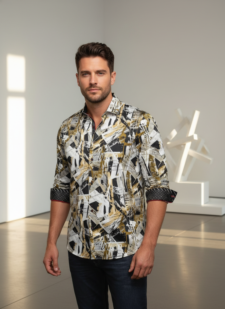 An avant-garde button-down shirt featuring a bold, abstract painterly print in gold, black, and white. Expertly tailored with contrast-lined cuffs and collars, this statement piece blends contemporary art with sophisticated menswear for a truly distinct l