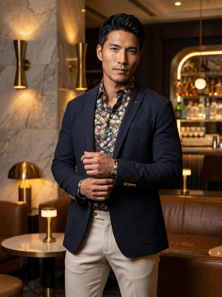 This sophisticated ensemble features a textured navy blazer with a slim notched lapel and patch pockets, layered over a vibrant, button-down shirt with a playful champagne cork print. The look is grounded by neutral cream-colored trousers for a polished f