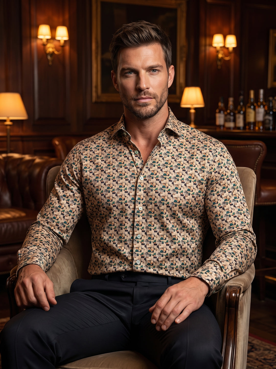 This sophisticated long-sleeve button-down shirt features a complex geometric mosaic print in earthy tan, deep green, and black tones. Crafted with a tailored fit and spread collar, its intricate repeating pattern offers a modern twist on classic menswear