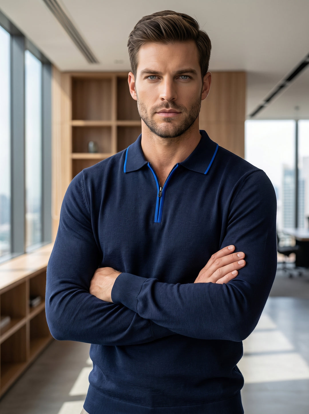 This navy long-sleeve knit polo features a tailored fit and a modern quarter-zip neckline. Highlighted by vibrant royal blue tipping on the collar and zipper placket, it offers a sophisticated balance of comfort and contemporary style for versatile wear.