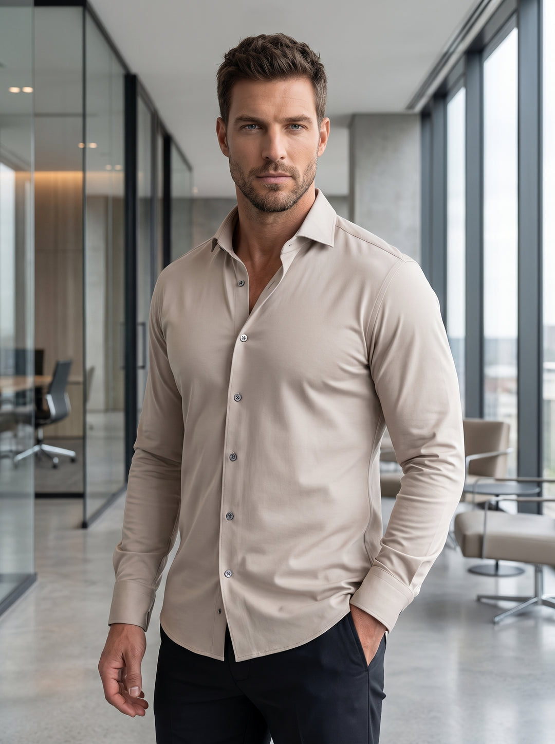 This tailored men's long-sleeve button-down shirt features a sophisticated stone-beige hue. Crafted from a high-quality, stretch-infused fabric for a modern slim fit, it offers a refined spread collar, contrast buttons, and a curved hem perfect for tuckin
