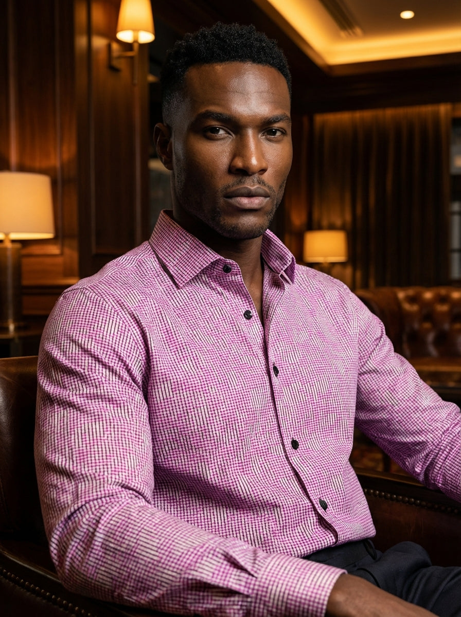 This Masutto long-sleeved dress shirt features a vibrant purple and white geometric print with fine vertical pinstripes. Crafted with a classic spread collar and contrasting black buttons, the intricate pattern offers a sophisticated yet bold aesthetic fo
