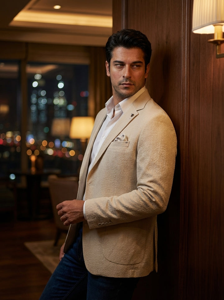 This tailored beige blazer features a textured seersucker-inspired fabric, offering a sophisticated yet breathable aesthetic. Designed with notch lapels, a single-breasted two-button closure, and patch pockets, it provides a modern silhouette. A coordinat