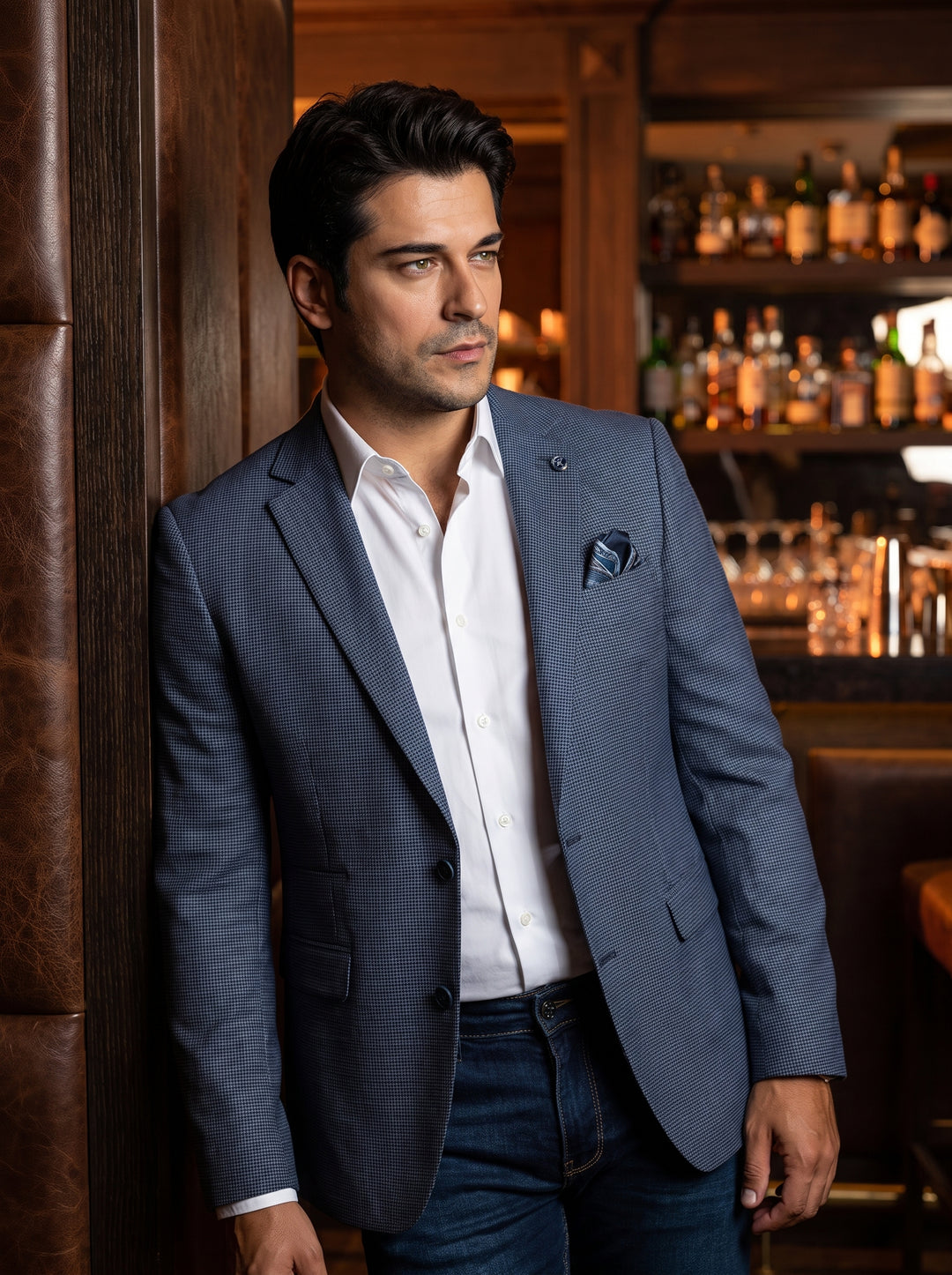 A refined blue micro-patterned blazer featuring a notched lapel, two-button closure, and a coordinating pocket square. Paired with a crisp white button-down shirt and dark denim, this tailored piece offers a versatile, modern aesthetic for semi-formal occ