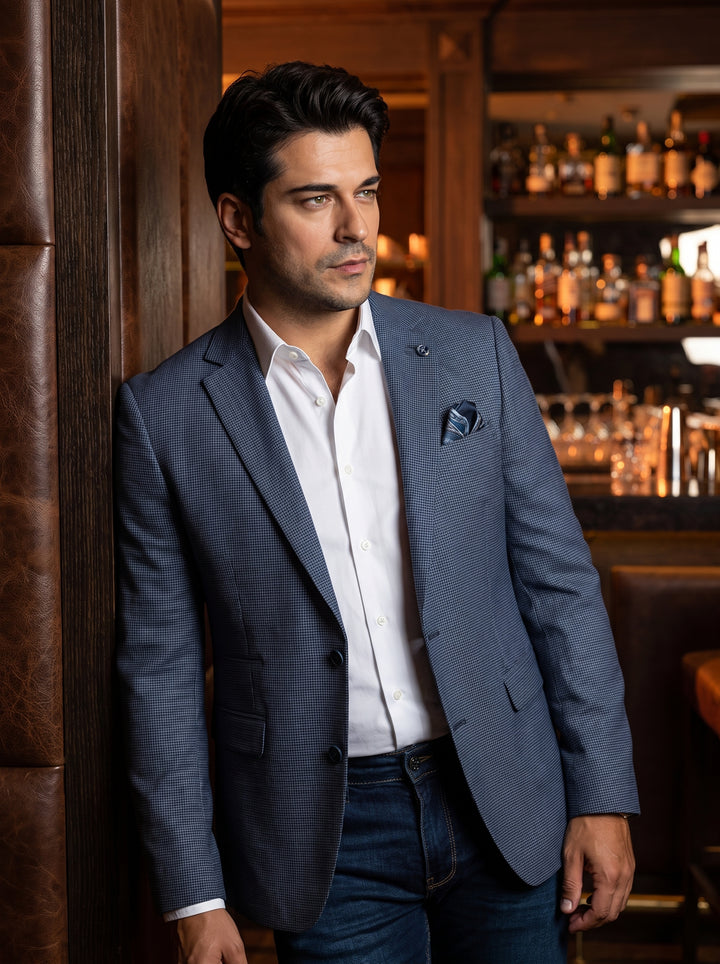 A refined blue micro-patterned blazer featuring a notched lapel, two-button closure, and a coordinating pocket square. Paired with a crisp white button-down shirt and dark denim, this tailored piece offers a versatile, modern aesthetic for semi-formal occ