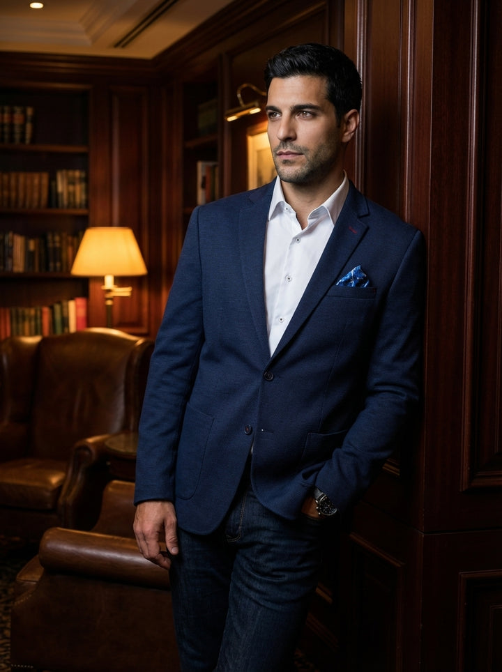 This navy textured blazer offers a refined slim fit with notched lapels and a contrasting printed pocket square. Paired with a crisp white button-down shirt and dark denim, it creates a sophisticated smart-casual look perfect for modern professional trans