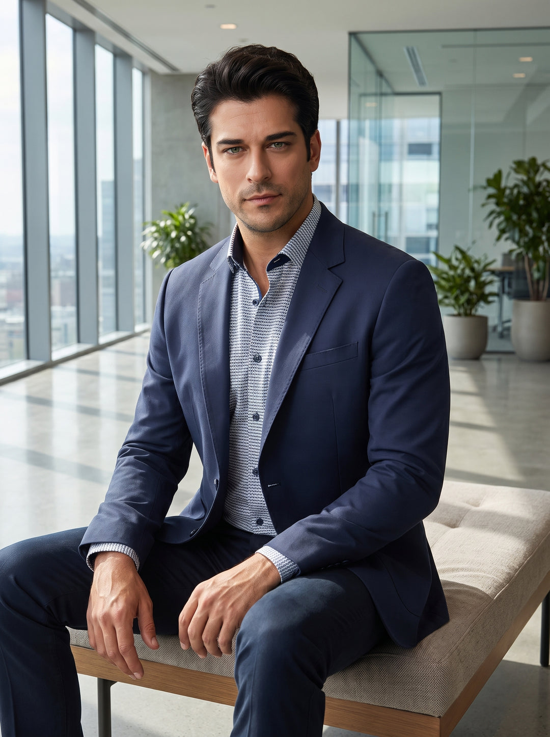 This sophisticated navy blue blazer features a slim, structured fit with classic notched lapels and a two-button front closure. Designed with large patch pockets and a welt chest pocket, it is layered over a crisp, patterned button-down dress shirt.