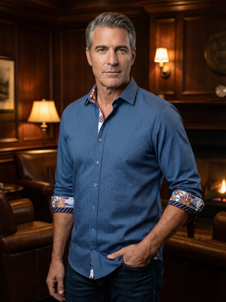 This sophisticated blue button-down shirt features a subtle micro-textured pattern and a tailored fit. It is uniquely accented with vibrant, multi-colored floral and geometric prints on the inner collar and cuffs, adding a touch of bold, artistic flair to
