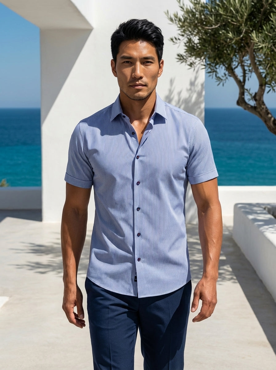 This men's short-sleeve button-down shirt features a classic blue and white micro-stripe pattern. It is designed with a tailored fit, a sharp pointed collar, and contrasting dark buttons, making it a versatile staple for a modern, polished summer wardrobe