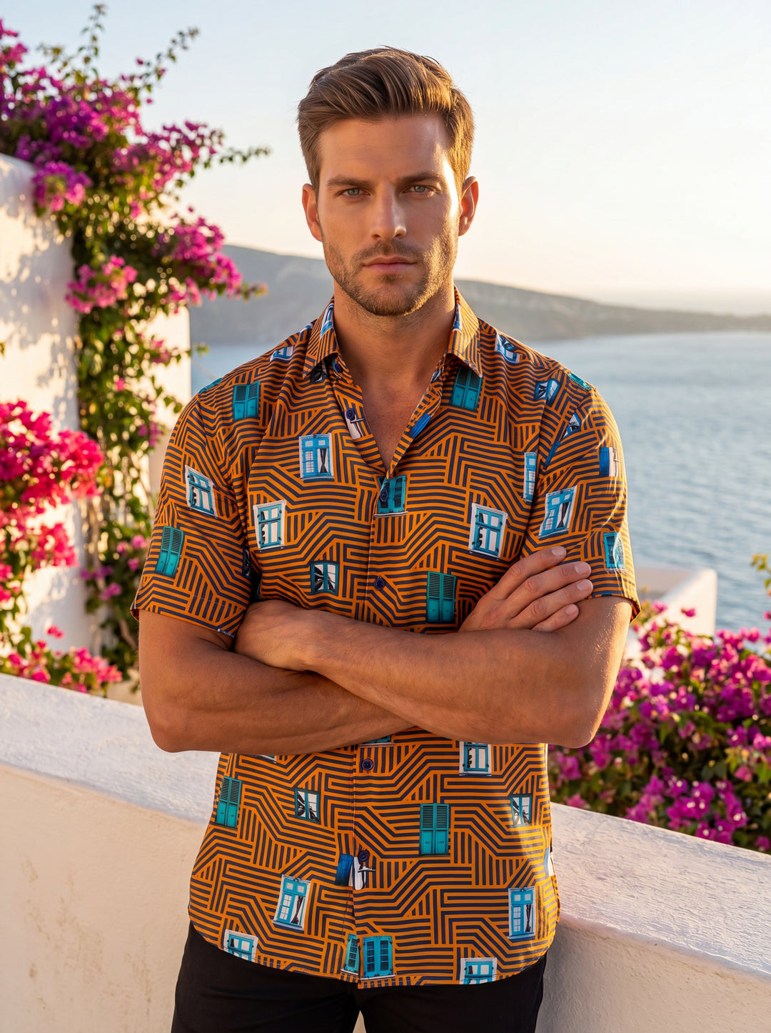 This eye-catching short-sleeve button-down features a vibrant orange and navy geometric maze pattern. Interspersed with playful Mediterranean-style blue window and shutter graphics, the shirt offers a tailored fit, a structured collar, and contrasting blu