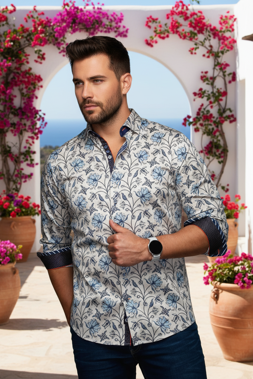 Elevate your style with this dapper tailored shirt. Featuring a refined blue botanical print on a cream background, accented with contrast cuffs and collar, it's perfect for sophisticated casual or smart-casual occasions.