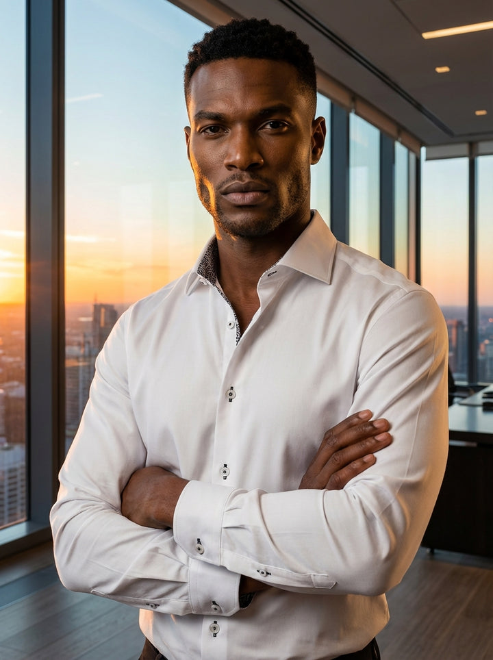 This premium white Masutto dress shirt features a sophisticated spread collar and contrasting black-and-white patterned trim on the inner collar and cuffs. Designed with tonal buttons and meticulous stitching, it offers a refined, modern aesthetic for any