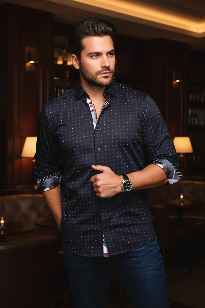 A contemporary men's dark button-up shirt, adorned with subtle micro-dot patterns and distinguished by bold red trim accents on the inner collar and contrast plaid cuffs, exuding modern elegance.