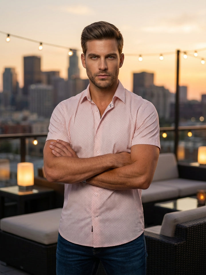 Elevate your casual wardrobe with this sophisticated light pink short-sleeved button-down shirt. Featuring a delicate micro-dot pattern, classic collar, and tailored fit, it offers a modern silhouette. Crafted from premium breathable fabric, it pairs perf