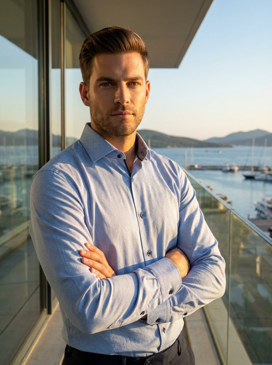 This Masutto light blue dress shirt features a sophisticated micro-pattern weave for subtle texture. Crafted with a crisp spread collar and contrasting navy buttons, it offers a contemporary fit perfect for professional or formal occasions where refined d