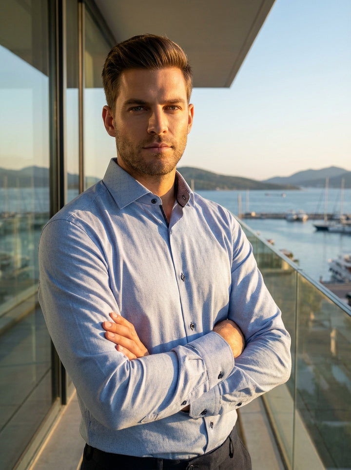 This Masutto light blue dress shirt features a sophisticated micro-pattern weave for subtle texture. Crafted with a crisp spread collar and contrasting navy buttons, it offers a contemporary fit perfect for professional or formal occasions where refined d