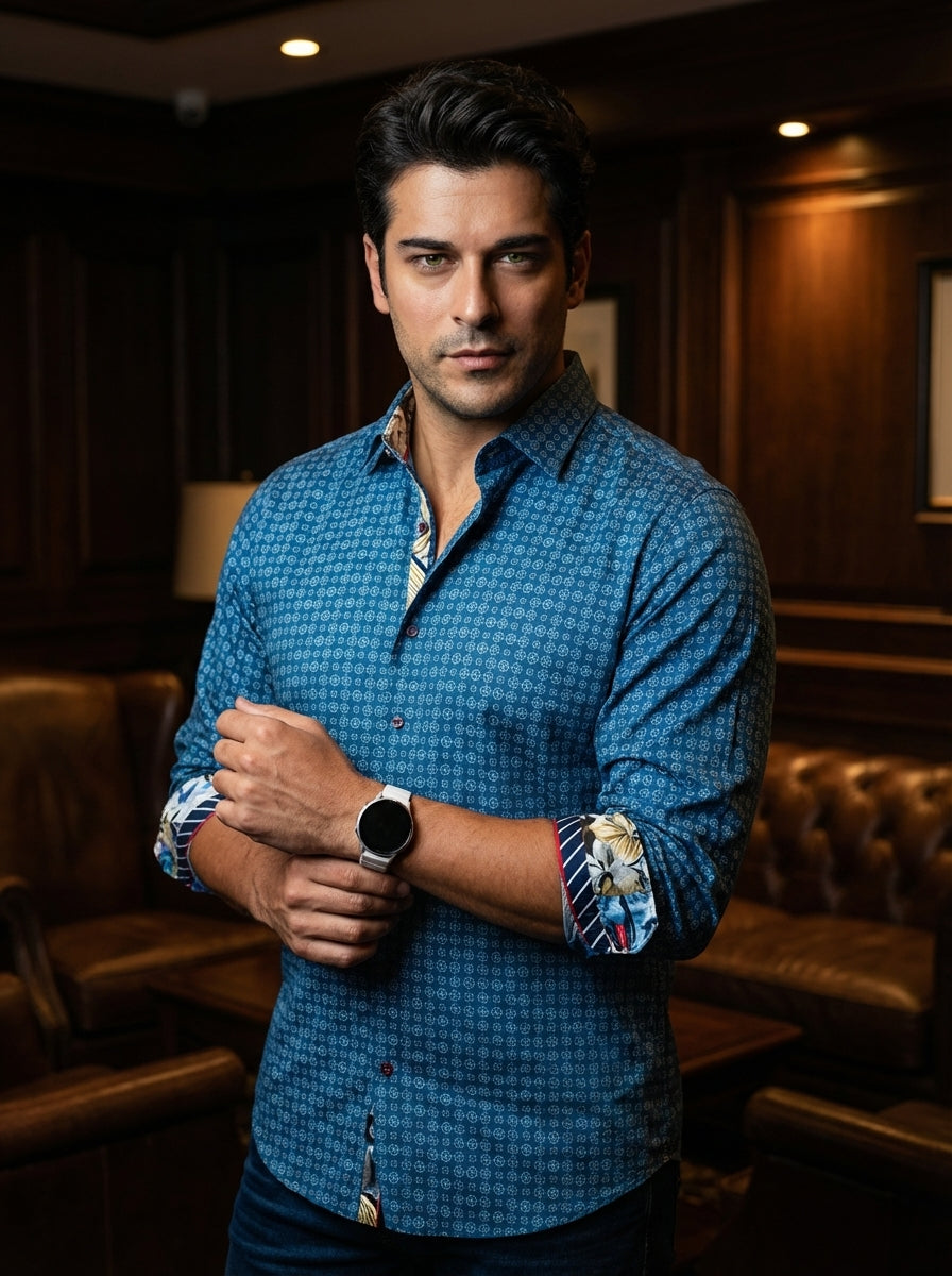 This premium long-sleeved button-down shirt features a sophisticated blue geometric pattern on a high-quality cotton fabric. Intricate floral and striped contrast prints line the inner collar and cuffs, adding a touch of bold, artistic flair to a classic 