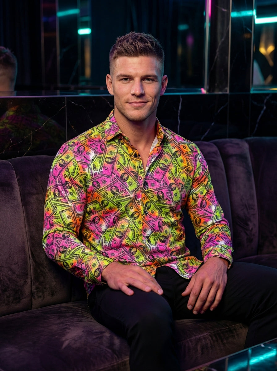 This bold long-sleeved button-down shirt features a vibrant, multi-colored money print with neon pink, yellow, and green highlights. Designed with a tailored fit and classic collar, it is a maximalist statement piece perfect for those looking to stand out