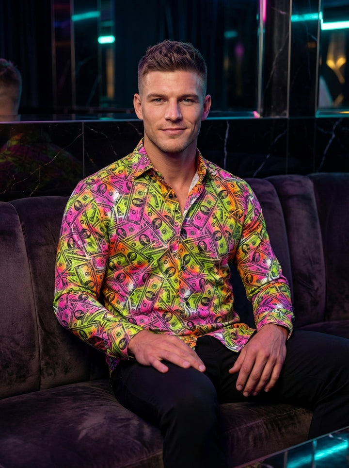 This bold long-sleeved button-down shirt features a vibrant, multi-colored money print with neon pink, yellow, and green highlights. Designed with a tailored fit and classic collar, it is a maximalist statement piece perfect for those looking to stand out