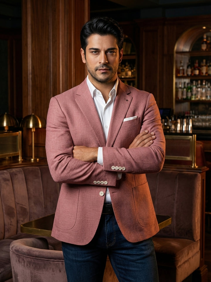 This tailored dusty rose blazer features a unique textured weave and a modern slim-fit silhouette. It is detailed with notched lapels, a crisp white pocket square, and contrasted white buttons, paired perfectly with a white dress shirt and dark denim.