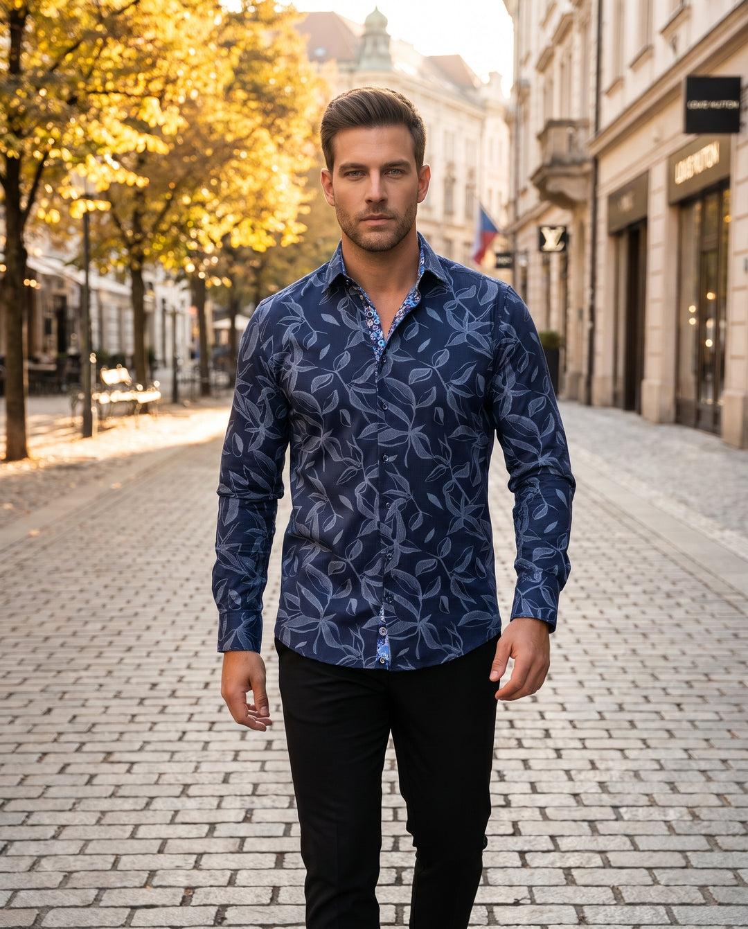 This navy blue button-down shirt features a sophisticated light blue leaf print. Its textured fabric and contrasting floral trim on the inner collar and placket add a touch of modern flair, making it an ideal choice for stylish evening events.