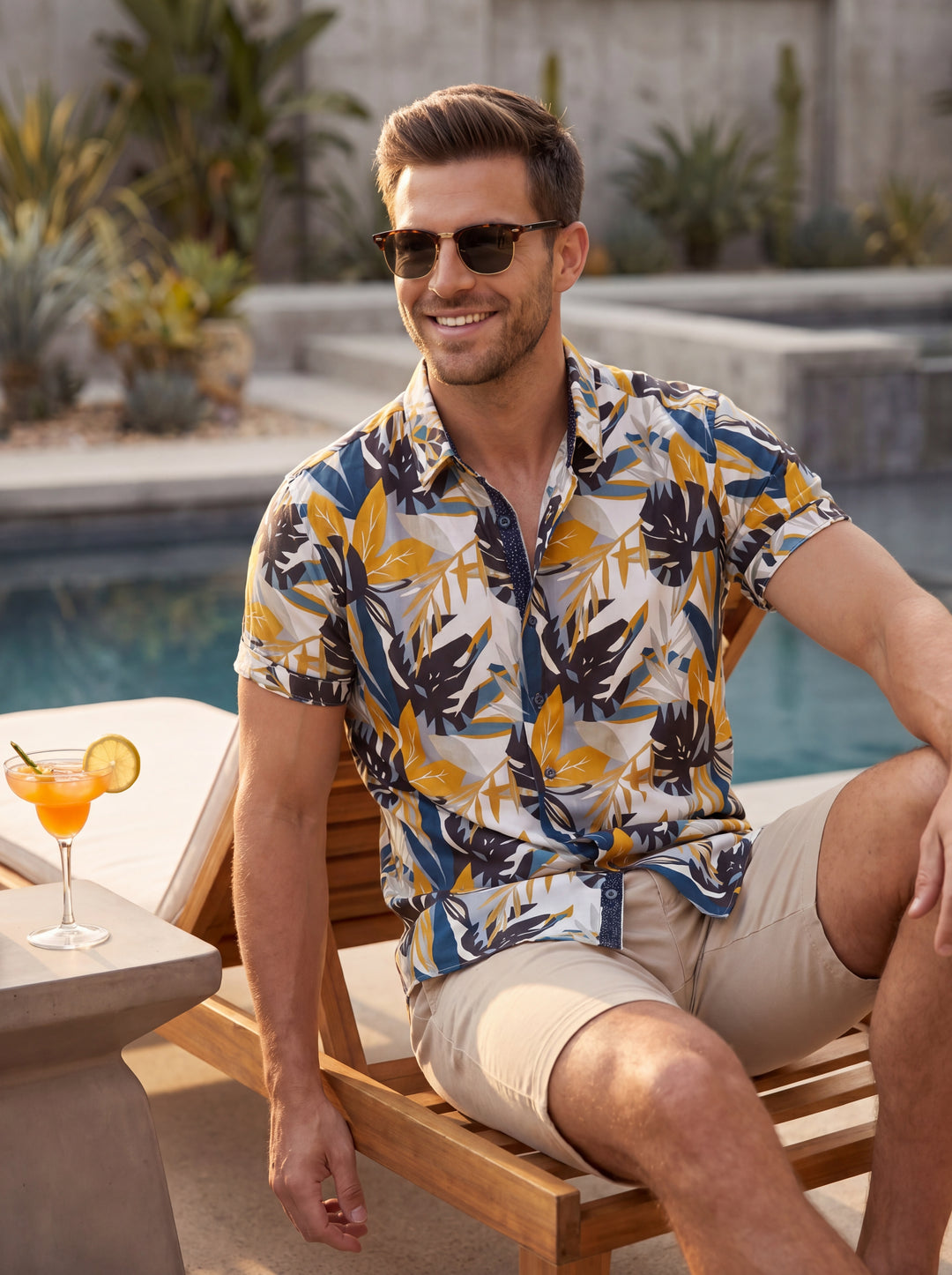 This stylish men's short-sleeve button-down features a vibrant tropical leaf print in shades of mustard yellow, navy blue, and black against a crisp white background. Tailored for a modern fit, it pairs perfectly with khaki shorts for a summer look.