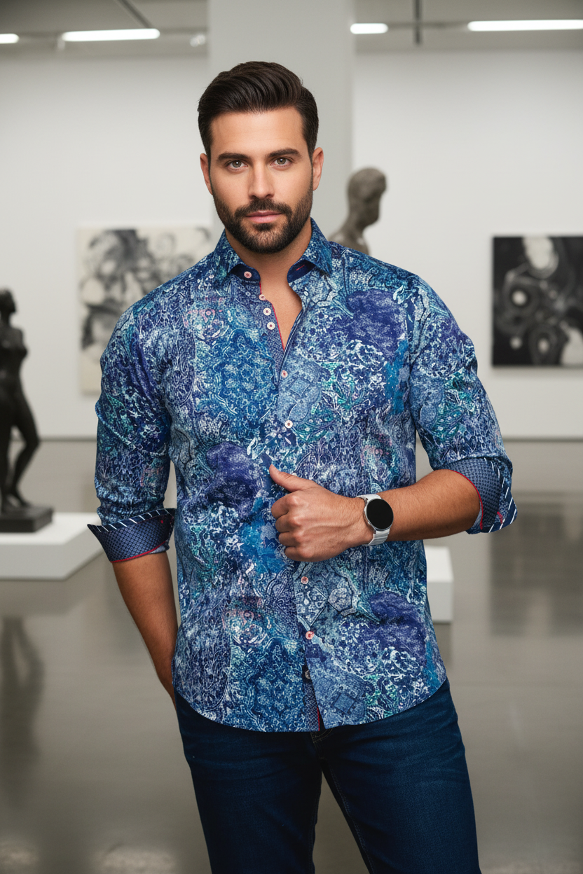 Elevate your style with this striking blue long-sleeve shirt, featuring an intricate baroque-inspired pattern. Accented with vibrant pink buttons and contrasting cuffs, it's a sophisticated statement piece for the modern gentleman.