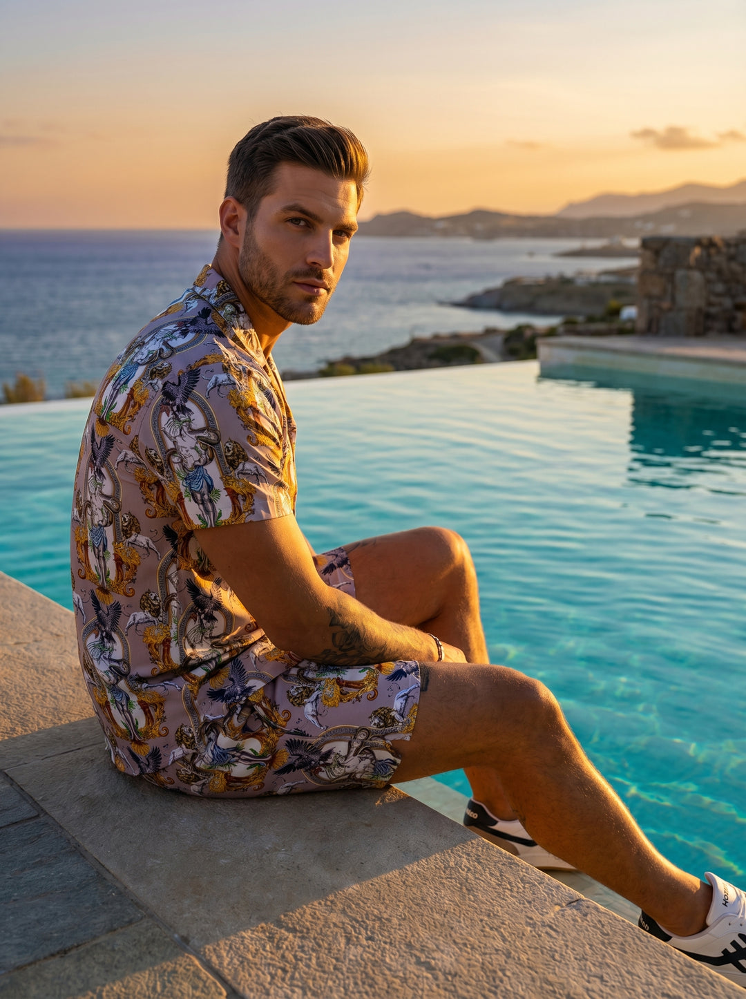 These luxurious men's swim shorts feature an intricate Greco-Roman inspired print with statues, lions, and eagles set against ornate gold filigree frames. Crafted with an elastic waistband and adjustable drawstrings, they offer a bold, artistic aesthetic 