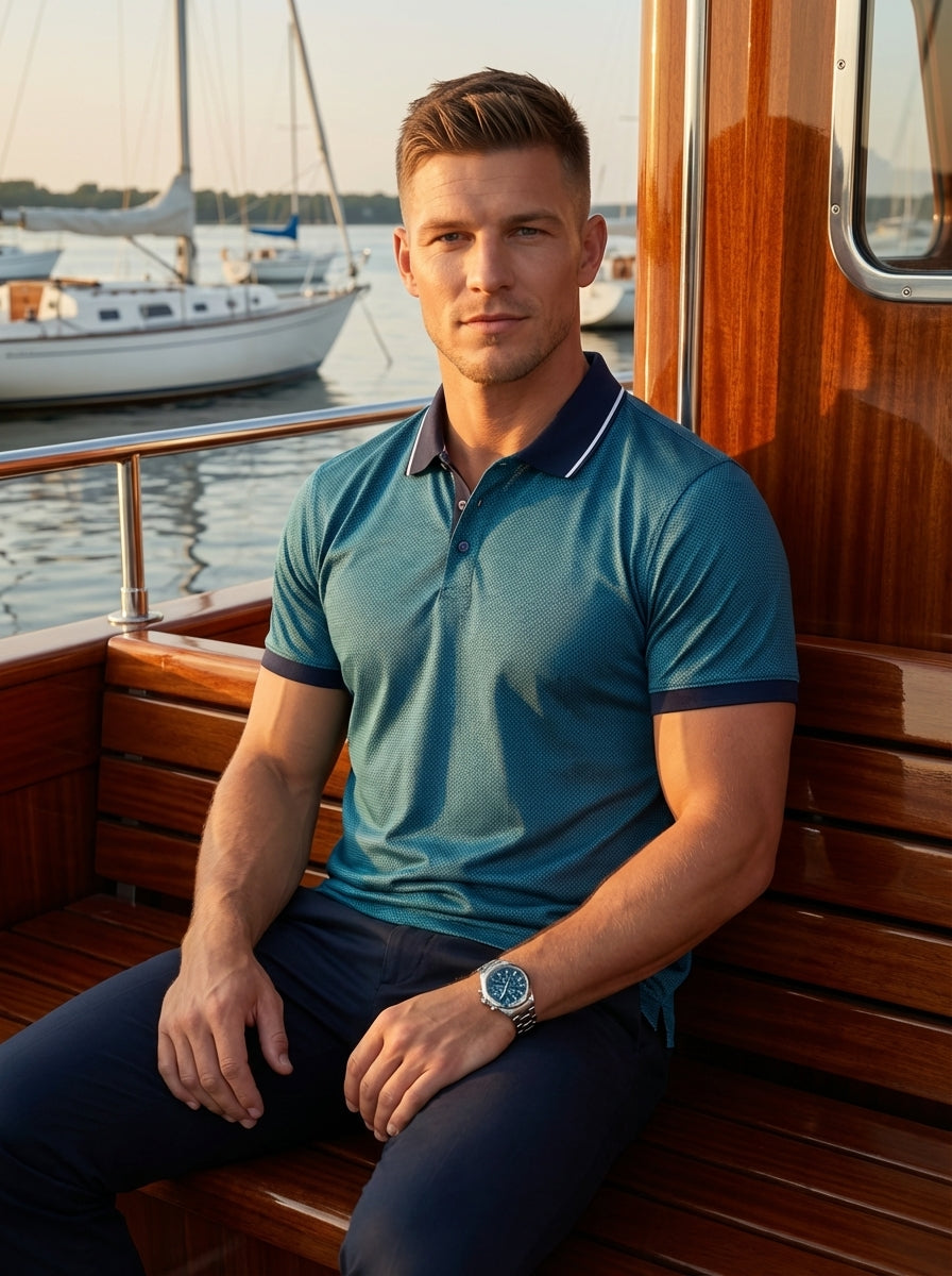 This sophisticated men's polo shirt features a teal micro-patterned fabric with a contrasting navy blue collar accented by white tipping. The short-sleeve design includes ribbed navy cuffs and a classic button placket, offering a refined, modern fit for c