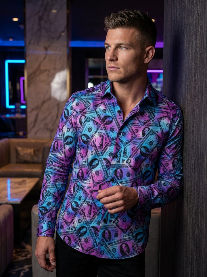 This bold long-sleeve button-down shirt features a striking graphic print of scattered one-hundred-dollar bills. The design is rendered in a vibrant gradient of purple, cyan, and blue neon hues, creating a modern, high-contrast aesthetic that demands atte
