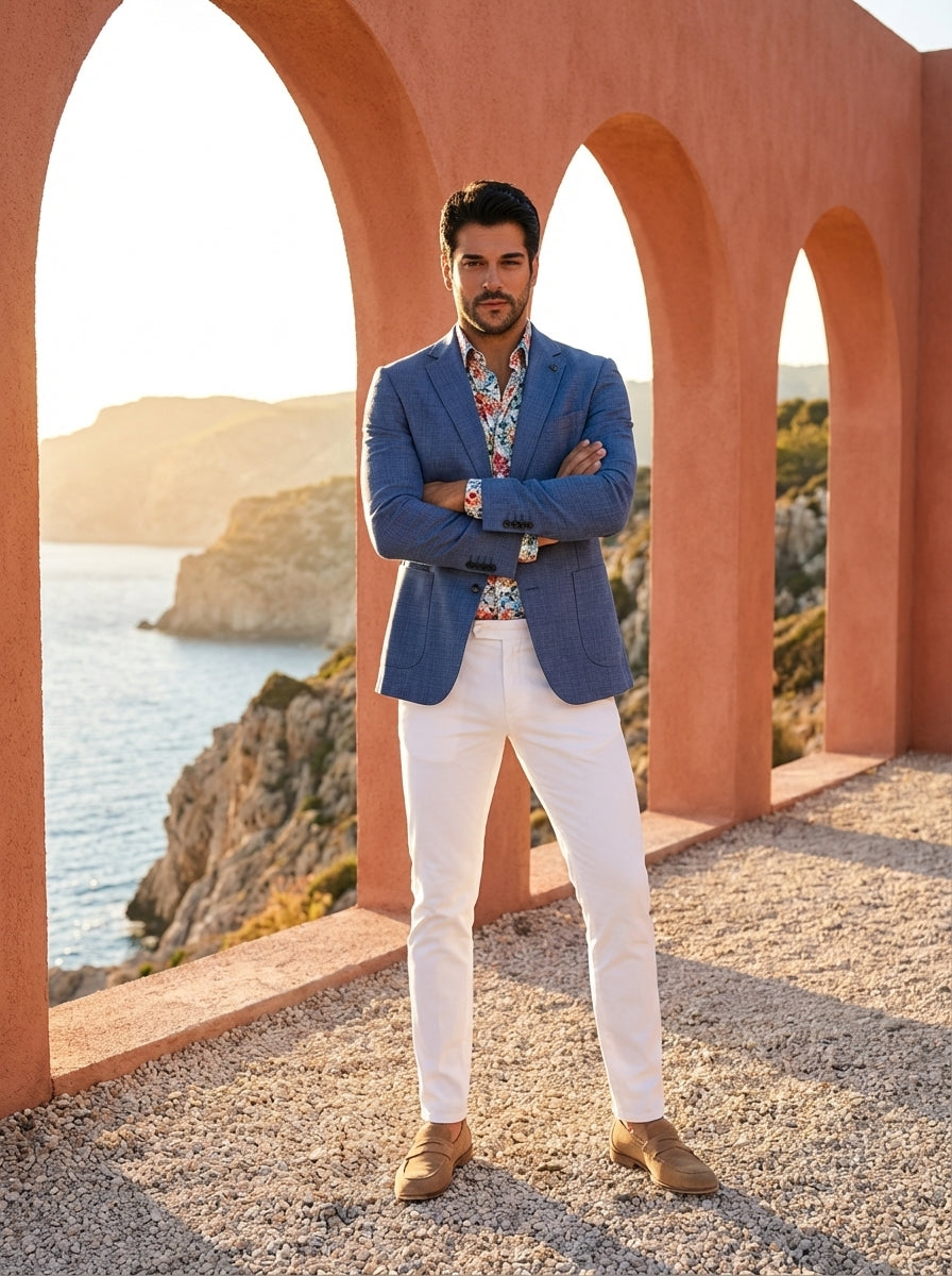 A sophisticated ensemble featuring a tailored blue textured blazer paired with a vibrant floral button-down shirt. The look is completed with crisp white slim-fit trousers and tan suede loafers, embodying a refined yet relaxed aesthetic for high-end tropi