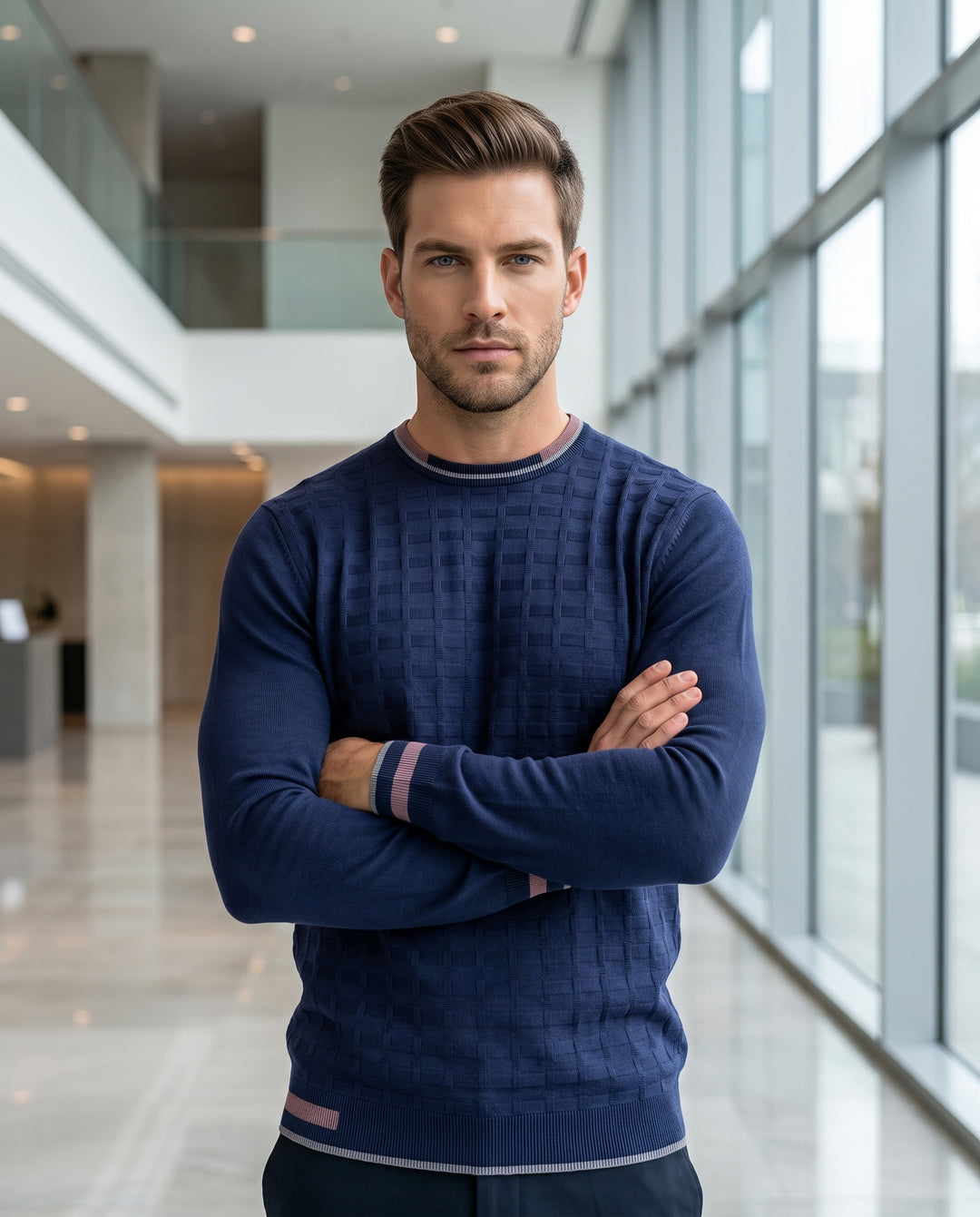 A refined navy crew neck sweater featuring a subtle textured grid pattern on the front. Contrasting pink and grey stripes accent the collar, cuffs, and hem, providing a sophisticated touch to this slim-fit knit piece.