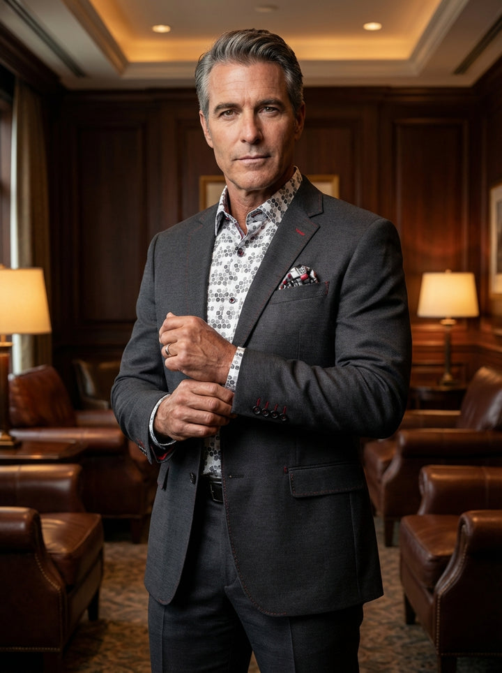 A sophisticated charcoal grey tailored suit featuring a notched lapel and distinctive red contrast stitching. The ensemble is paired with a geometric-patterned button-down shirt and a matching pocket square, perfect for a modern gentleman seeking an elega