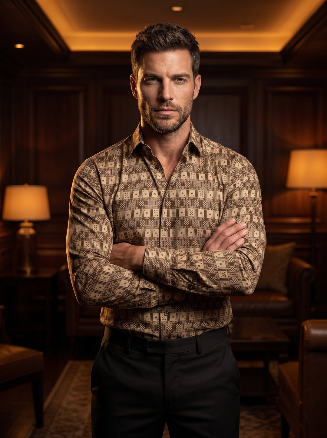 This men's long-sleeve button-down shirt features a unique, intricate geometric pattern in earthy tan and chocolate brown tones. Crafted with a tailored fit, the shirt includes a classic spread collar and dark buttons, offering a sophisticated yet bold ae