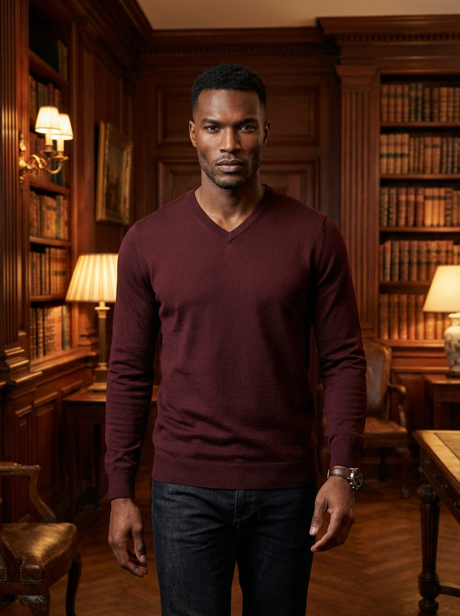This classic men's V-neck sweater in a rich burgundy hue features a fine-knit texture and ribbed cuffs for a streamlined fit. Crafted from soft, breathable yarn, it offers a sophisticated layering option for both professional and smart-casual seasonal war