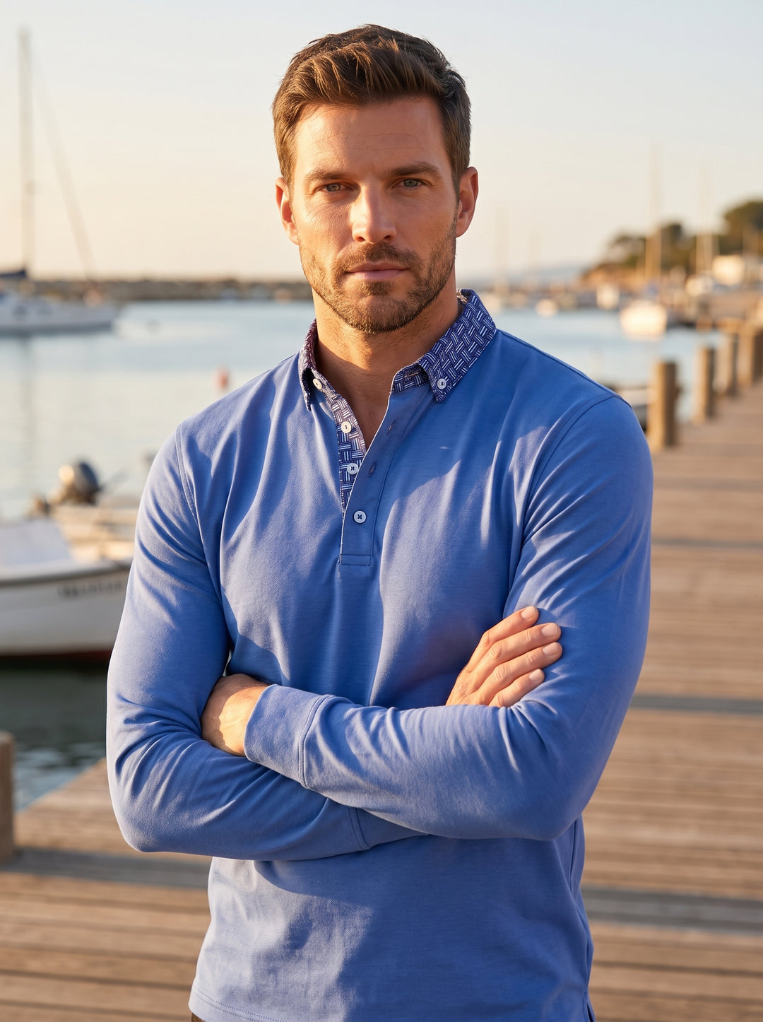 A refined cornflower blue long-sleeve polo featuring a four-button placket and tailored cuffs. It stands out with a decorative geometric-patterned inner collar and placket, blending casual comfort with sophisticated detail for a versatile smart-casual aes